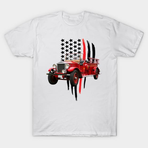 Vintage Fire Truck with Firefighter Flag T-Shirt by Dragon Sales Designs 